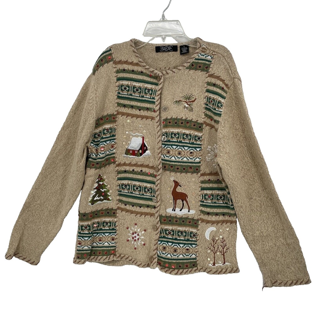 Crystal Kobe Long Sleeve Brown Christmas Sweater Size L Reindeer Christmas‎ Tree